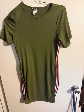 cleo Olive Ribbed Short-Sleeve Dress with Red, White & Black Side Stripes